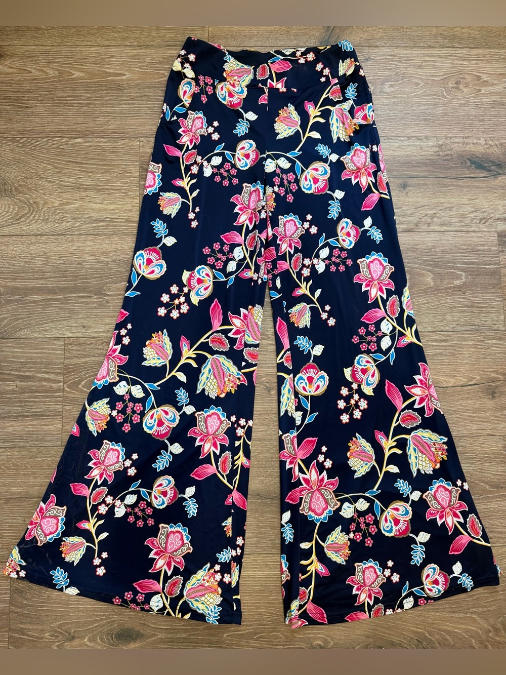 Joseph Ribkoff Wide Leg Flare Palazzo Pants Navy Boho Floral Festival Size 4